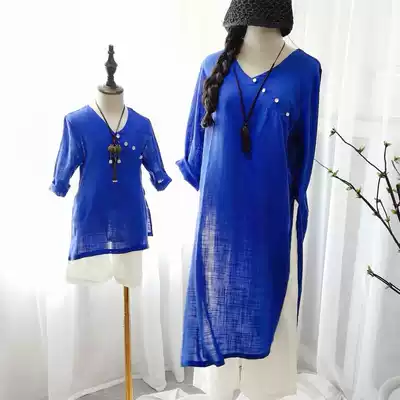 Original early autumn Chinese style cotton and hemp national tide parent-child outfit retro robe long section Qing thin forest literary fan personality tide