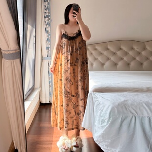 碎花薄款 吊带睡衣可外穿家居服 胖mm200斤睡裙女带胸垫新款 特大码