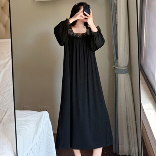 加大码胖mm180斤莫代尔睡裙女春秋公主风蕾丝V领连衣裙家居服睡衣
