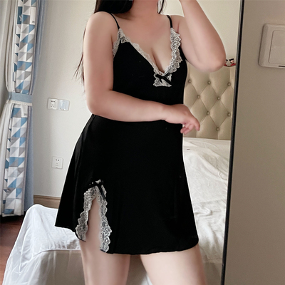特大码胖mm200斤女莫代尔蕾丝花边侧开叉性感睡衣纯欲风吊带睡裙a