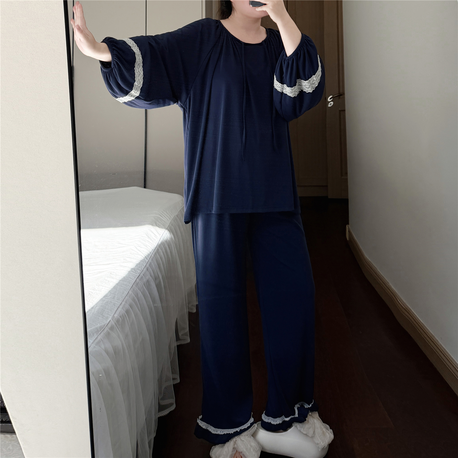 大码微胖160斤睡衣女春秋季蕾丝花边长袖长裤套装外穿休闲家居服