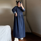 胖mm蓝色牛仔连衣裙秋装 裙女 显瘦裙子复古胖妹妹衬衫 长裙大码 女装