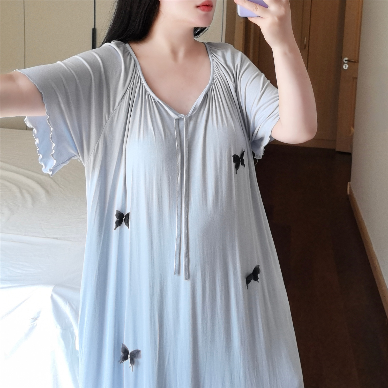 大码胖mm200斤冰凉感棉睡裙女款夏短袖宽松孕妇睡衣家居服带胸垫a