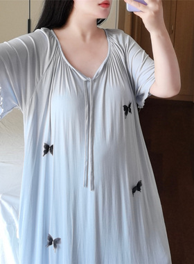 大码胖mm200斤冰凉感棉睡裙女款夏短袖宽松孕妇睡衣家居服带胸垫a