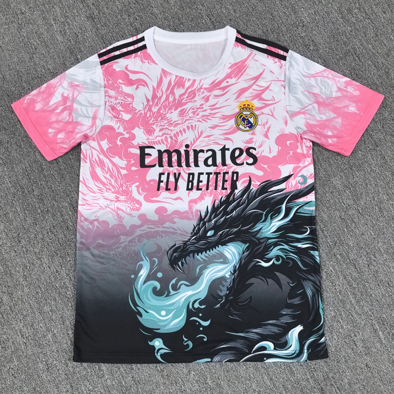 皇马复古龙纹球衣短袖足球训练服男2526新款粉黑色速干运动队服