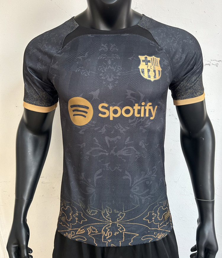 巴萨黑金短袖修身球衣2324新款足球训练服男上衣定制印号运动队服