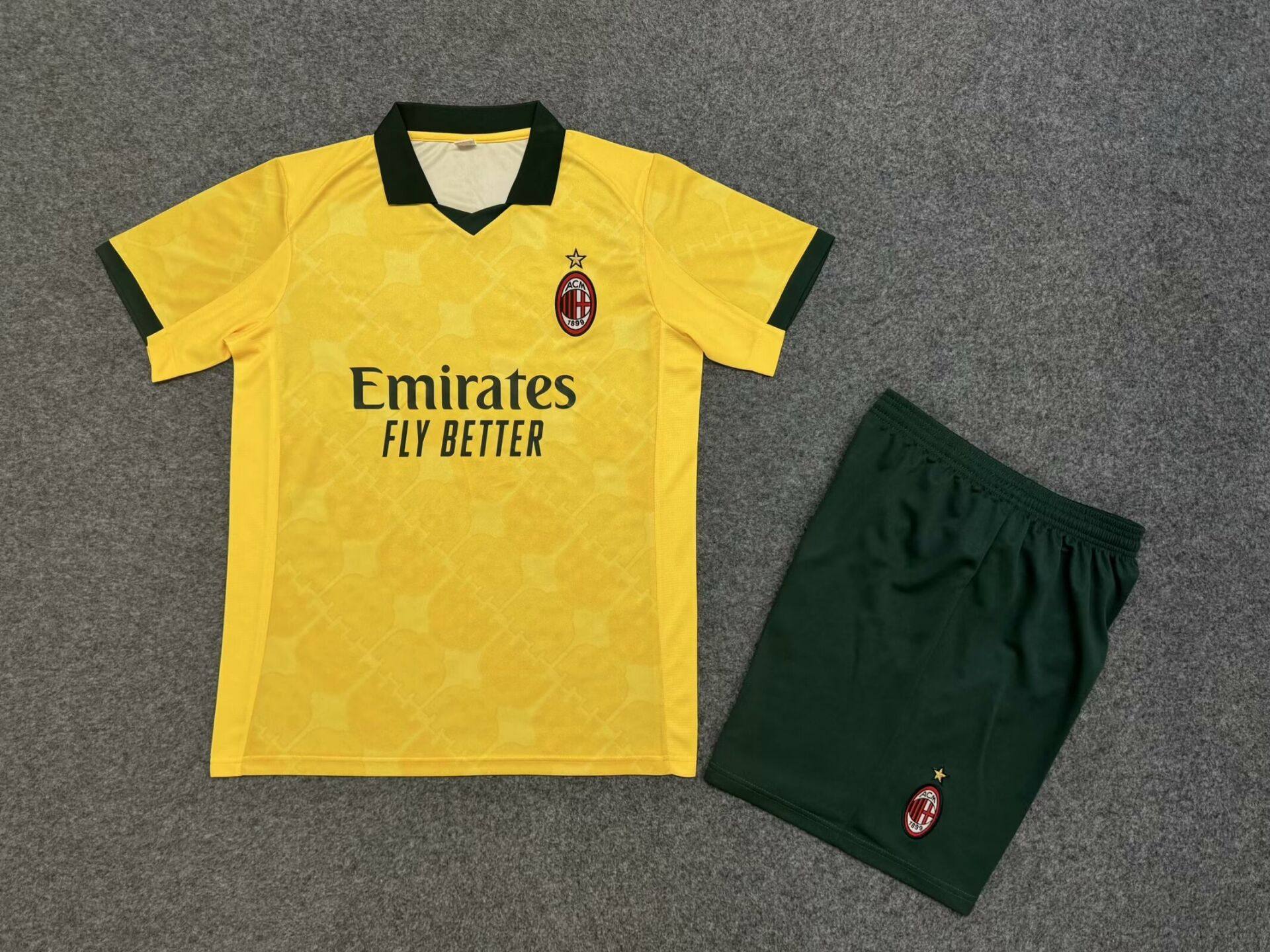 AC米兰翻领足球服短袖套装男学生定制黄色25夏季宽松运动训练踢球