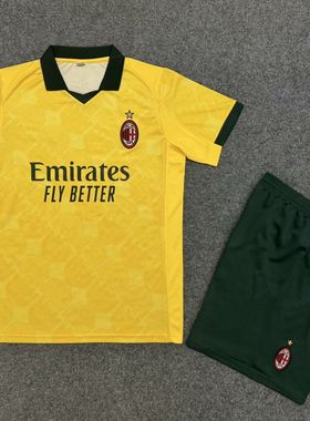 AC米兰翻领足球服短袖套装男学生定制黄色25夏季宽松运动训练踢球
