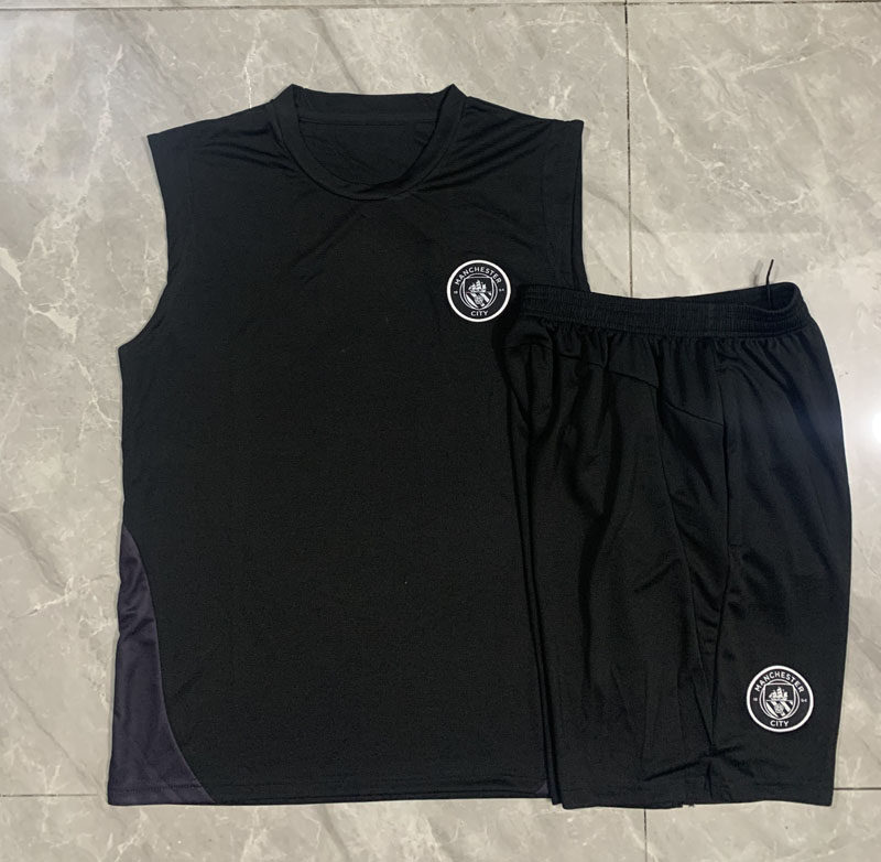 曼城2526黑色无袖足球训练服球衣男背心速干健身跑步短裤运动队服