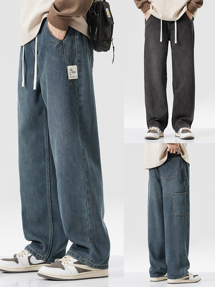 WOODSOON 남성용 리오셀 텐셀 청바지 봄 여름 루즈한 스트레이트 팬츠 아메리칸 와이드 팬츠