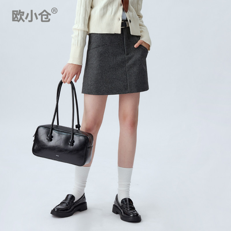 欧小仓舒芙蕾系列秋冬半身裙灰色毛呢A字裤梨型身材遮胯MIU风短裙