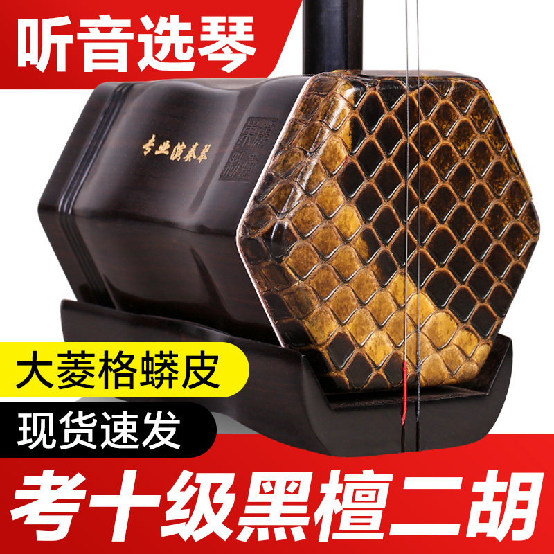 黑檀二胡大皮大菱格蟒皮二胡琴黑檀木专业成人演奏考级二胡乐器