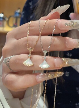 S925银贝母银杏叶小裙子项链女轻奢满钻气质锁骨链高级感百搭颈链