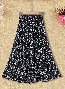 中老年人裙子5060岁半身裙广场舞蹈裙夏季中长款妈妈冰丝裙松紧腰