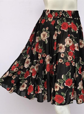 妈妈装半身裙夏季松紧腰碎花舞蹈短裙冰丝中老年人女装太阳中裙子