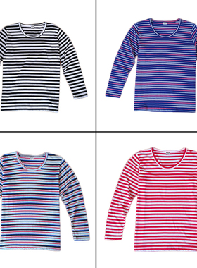 中老年人女装长袖T恤春秋条纹打底衫宽松大码上衣60-70岁奶奶棉