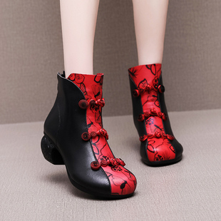 民族风短靴女秋冬粗跟中跟外穿舒适软底中老年妈妈鞋 复古国风靴子