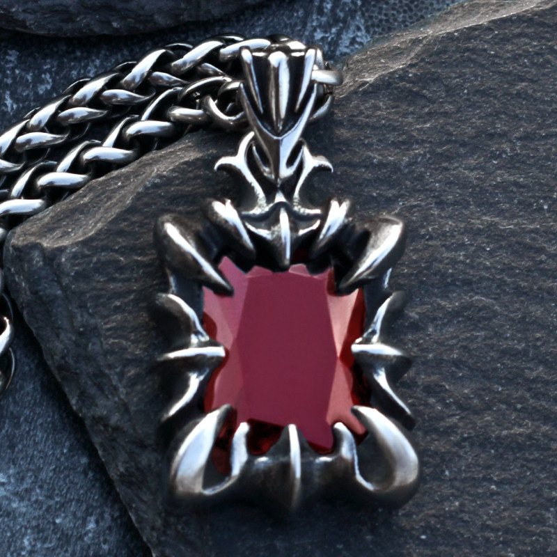 个性龙爪红宝石项链男士文艺复古钛钢吊坠嘻哈ins百搭潮人毛衣链