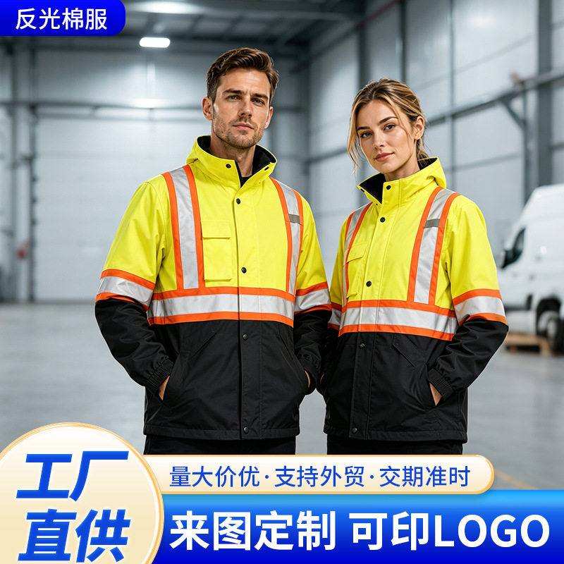 厂家反光棉服防水工作服夹克加绒加厚保暖交通执勤工装可印logo