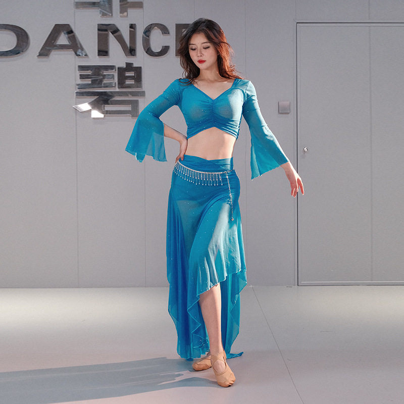 肚皮舞练功服新款套装性感网纱东方舞蹈服服装长裙荷叶飘逸2025
