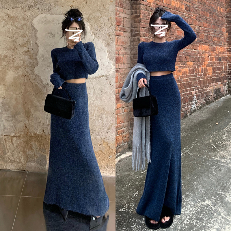 蓝色针织毛衣套装洋装子女装春季2025新款小香慵懒风高级感长裙