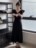 Черное летнее платье с рукавами, элегантная длинная юбка, V-образный вырез, французский стиль, подходит для подростков