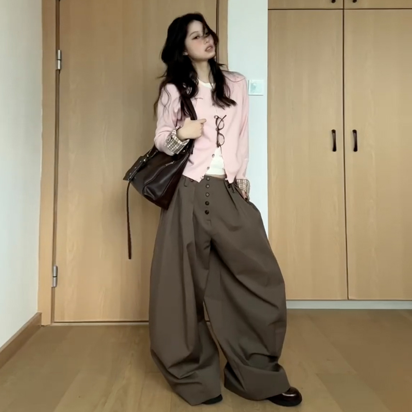 韩系学院风假两件粉色针织开衫毛衣外套女2025新款早秋巨好看上衣