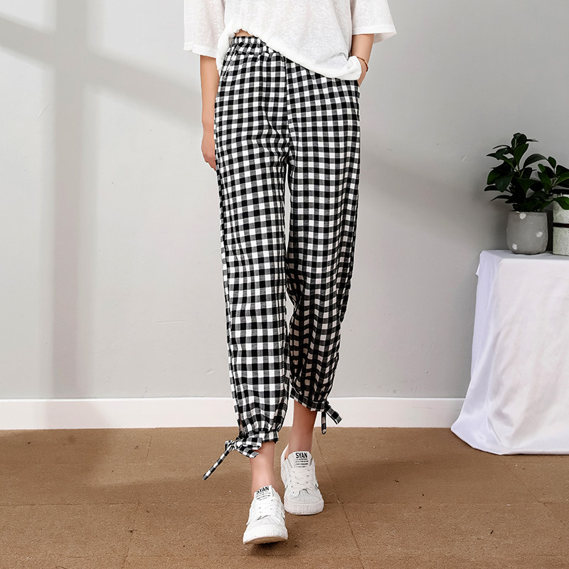 黑白格子灯笼裤女夏薄款显瘦宽松休闲裤防蚊大人垂感哈伦束脚裤子