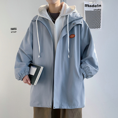 春季港風新款男女情侶假兩件套連帽寬鬆夾克外套