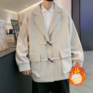 23冬季港风新款加绒加厚短款牛角扣毛呢大衣外套504-F13-P90控138,男装毛呢大衣,星座504