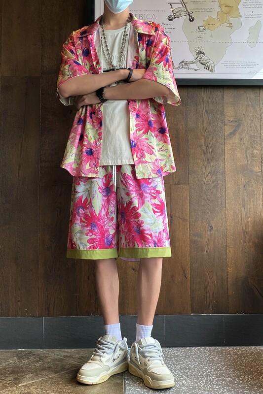 23夏季印花衬衣套装短袖短裤男女抖音同款花衬衫504-W22-P75,男装牛仔裤,星座504