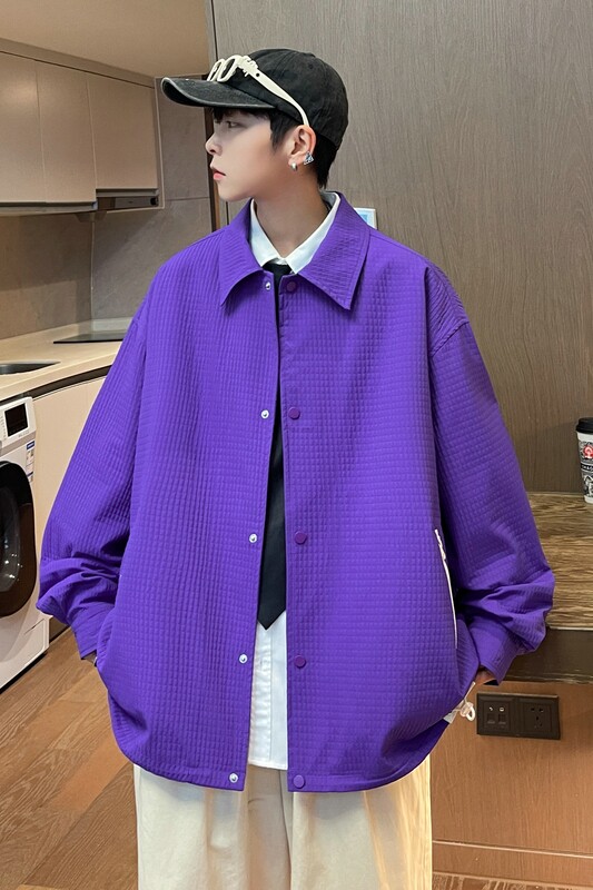 23新款抖音直播男女撞色拉链夹克衬衣宽松外套潮504-W622-P70控98,男装夹克,星座504