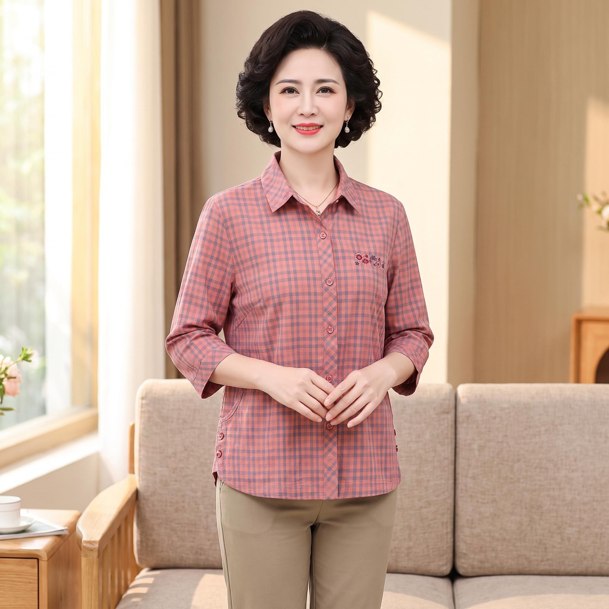 中老年妈妈纯棉宽松七分袖衬衫