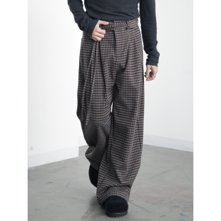新款 男6k7618 设计感百搭格纹本布绳垂感宽松中腰弯刀休闲裤