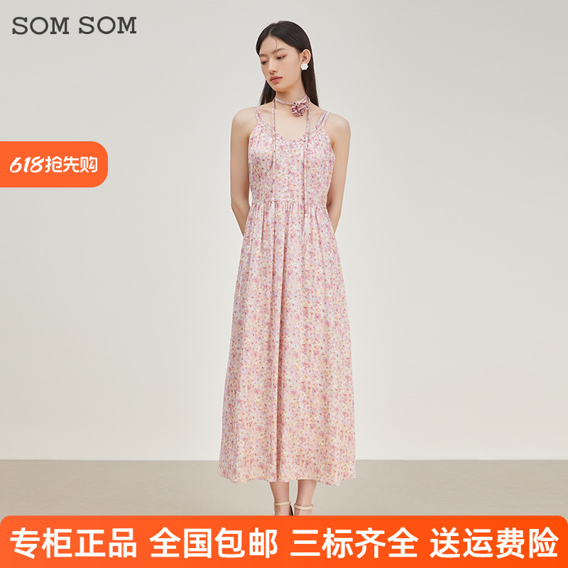 SOMSOM/索玛碎花吊带连衣裙女春季无袖雪纺长裙洋气甜美简约裙子