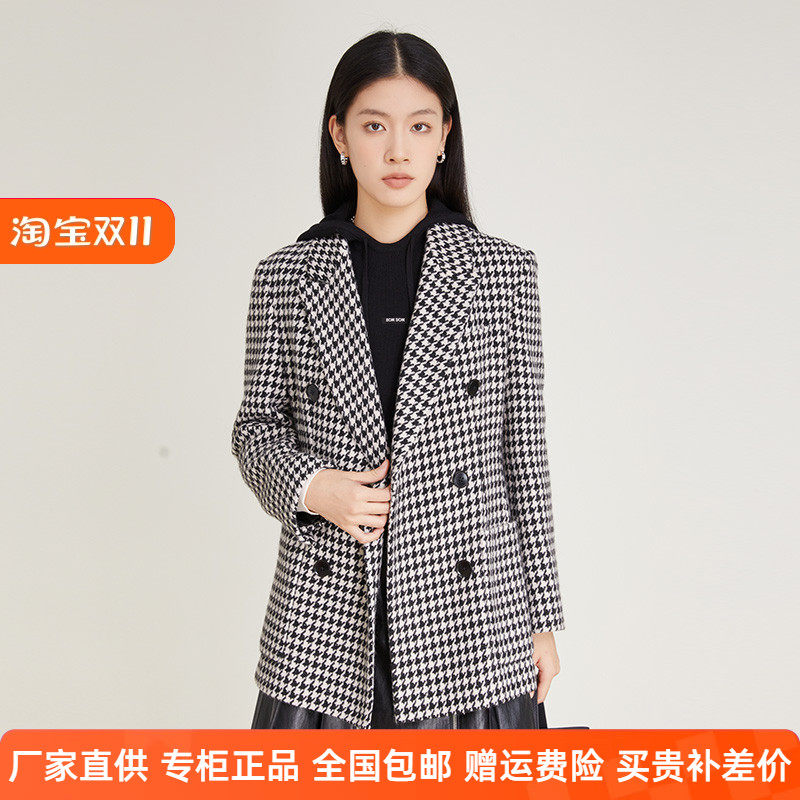 SOMSOM/索玛复古格纹千鸟格毛呢外套女中长款小西装外套呢子大衣