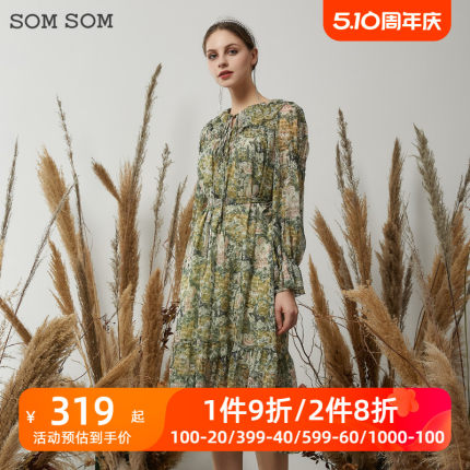 SOMSOM/索玛2022秋季新款长袖连衣裙女收腰中长款碎花雪纺裙13273