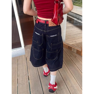 破洞阔腿牛仔短裤女夏季新款高腰宽松直筒遮大腿裤子到膝盖七分裤