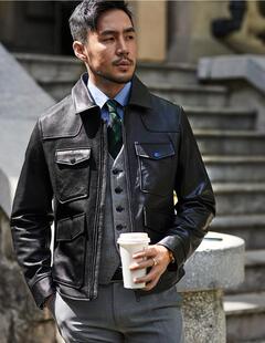 孙红雷同款进口山羊皮多口袋春秋季休闲皮夹克潮机车皮衣