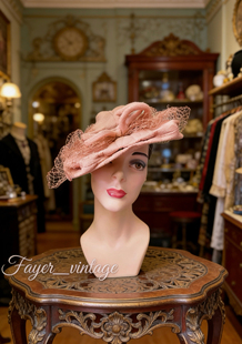 复古名媛vintage西洋古董帽子肉粉网纱宽檐淑女帽饰 现货