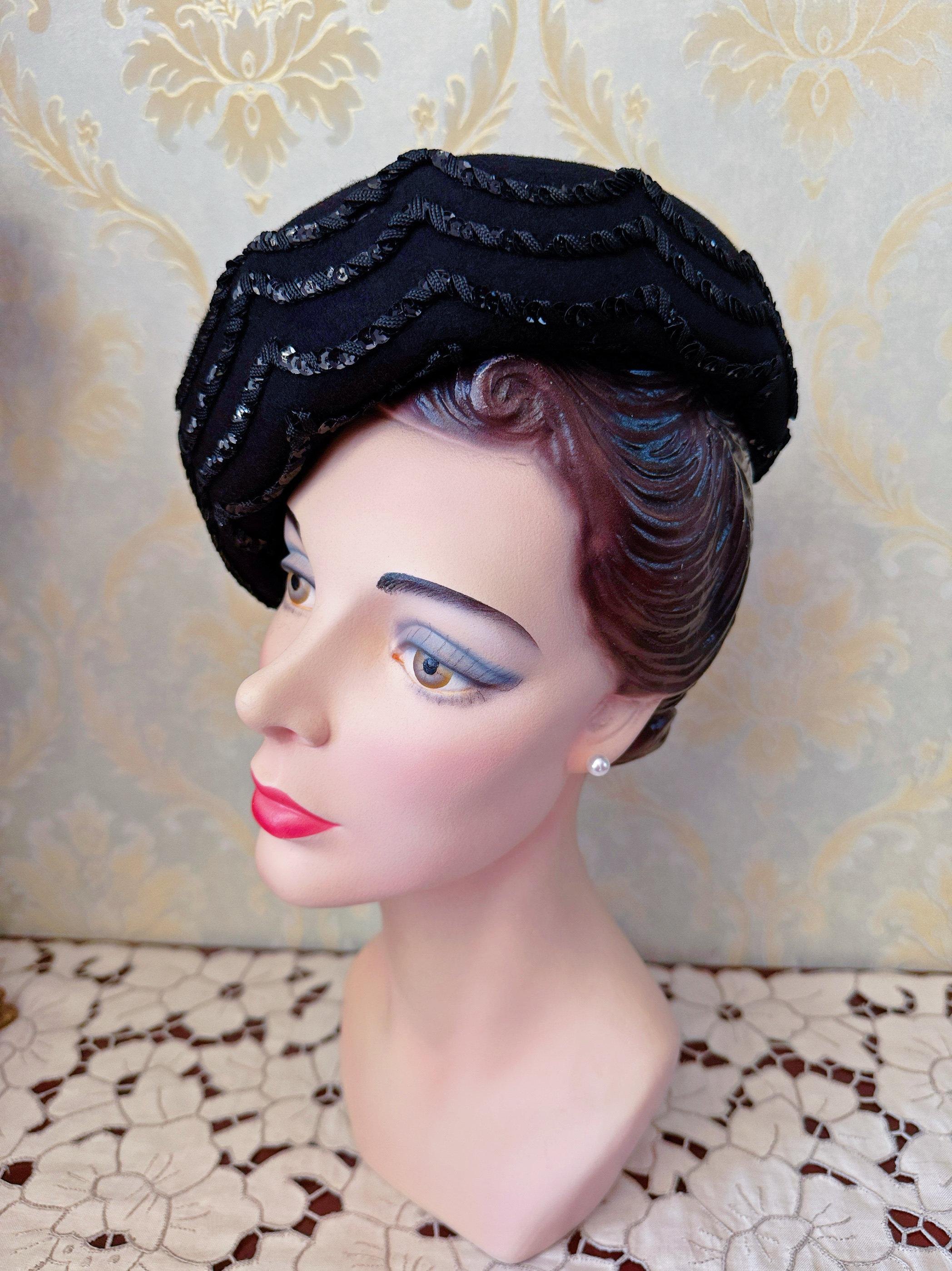 售罄 莎朗vintage西洋古董帽子黑色亮片复古着毛毡女帽饰中古