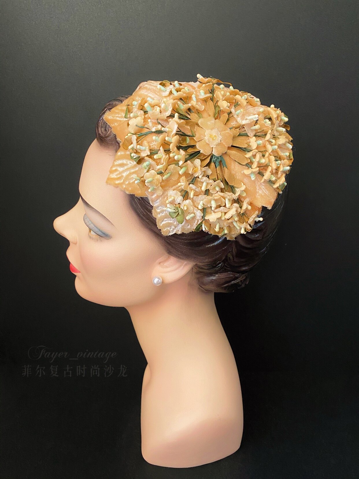 天鹅湖vintage西洋古董帽子花卉夹头复古着女帽饰中古头饰 现货