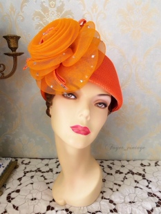 绝世名伶vintage西洋古董帽子橘色几何夸张复古女帽饰草帽 现货