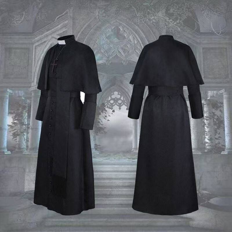 中世纪复古牧师演出服万圣节成人cos神父披肩长袍纯色修道院制服