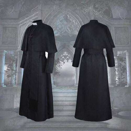 中世纪复古牧师演出服万圣节成人cos神父披肩长袍纯色修道院制服