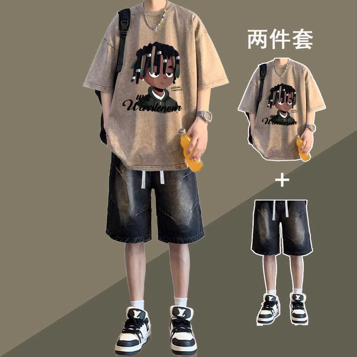 美式复古夏季新款短袖短裤男生套装韩版潮流炸街运动休闲学生痞帅
