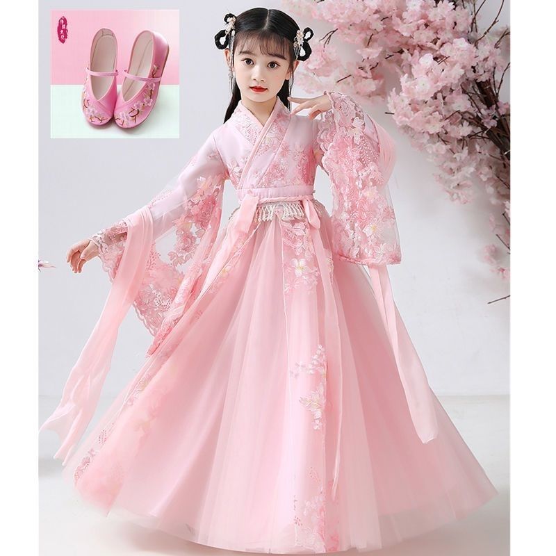 女童古风樱花粉刺绣汉服公主裙