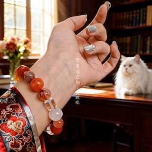 原创  南红红胶花天然水晶多宝手链女本命年九紫离火五行补火