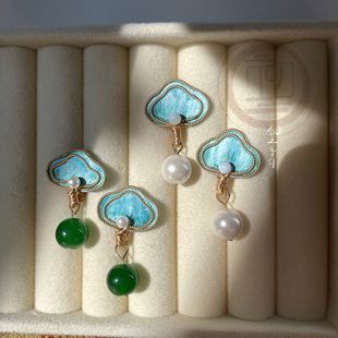 初三绒花耳饰如意仿点翠新中式耳环珍珠耳夹汉服旗袍配饰复古耳钉