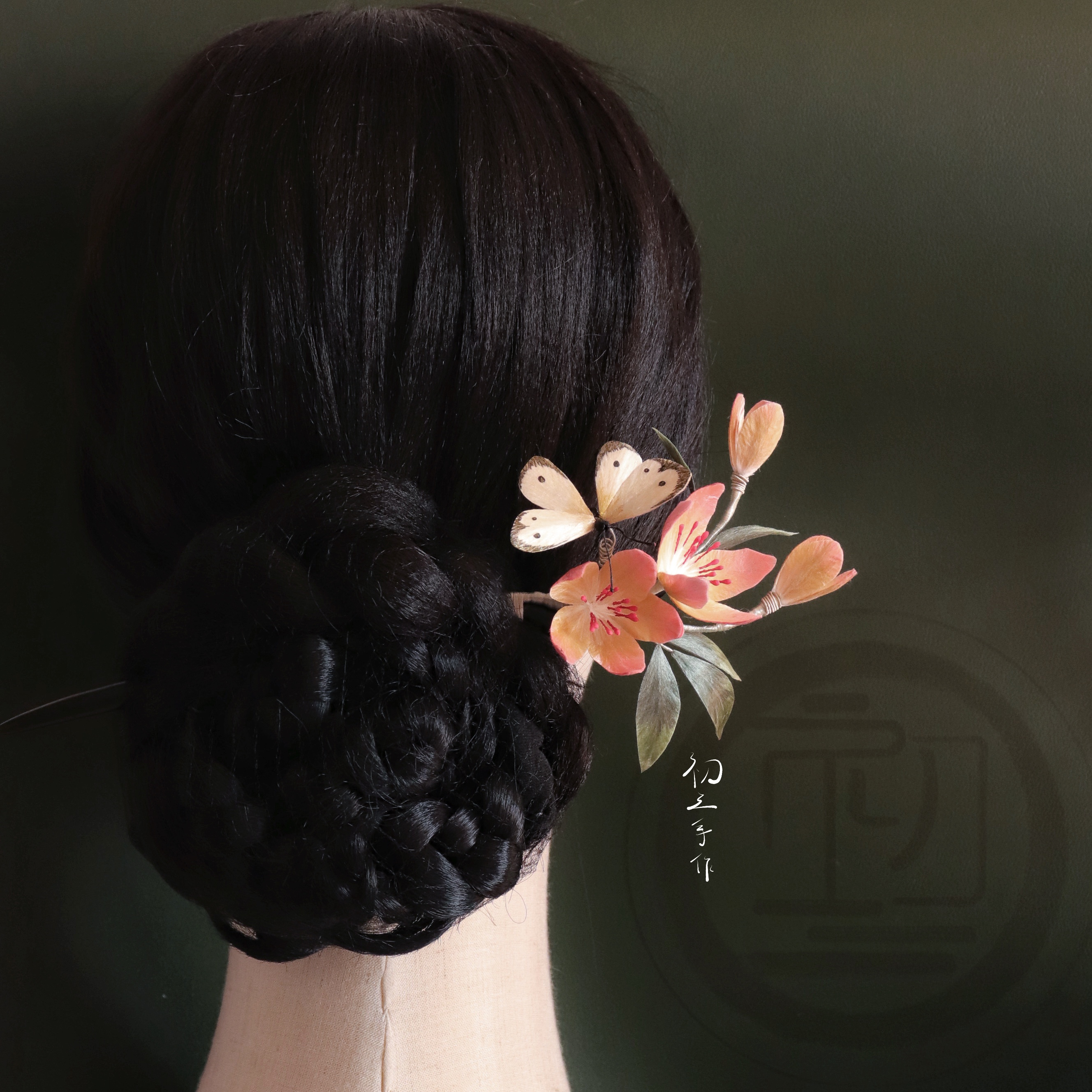 初三绒花发簪桃花蝴蝶发簪黑檀木汉服旗袍配饰簪子发夹